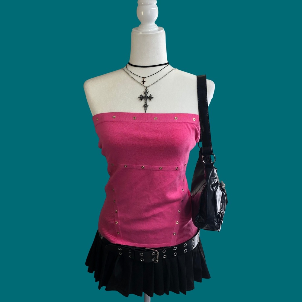 Vintage Y2K Cache Hot Pink Studded Grommet Tube Top Strapless Knit Medium